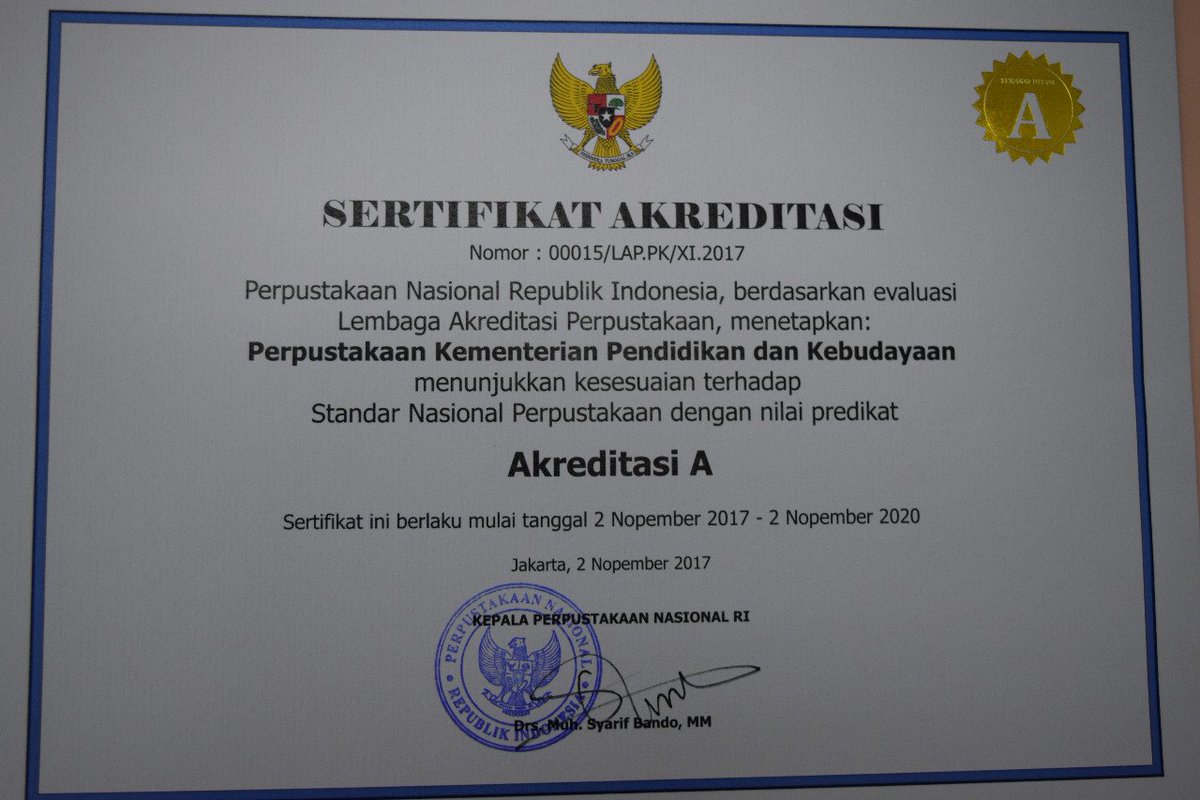 Terima kasih #SahabatPerpusdikbud atas dukungan dan kerjasamanya, alhamdulillah #Perpusdikbud mendapatkan Akreditasi A dari <a href="/perpusnas1/">Perpustakaan Nasional RI</a>. Semoga kami bisa terus meningkatkan pelayanan kpd #SahabatPerpusdikbud