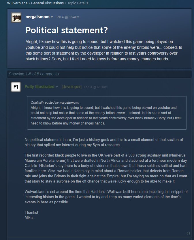 HG_101's tweet photo. Props to the Wulverblade developers who, when asked why their Roman-era Britain beat-em-up has black people in it, gives a thorough, historically accurate explanation https://t.co/GoIk1QlOV6