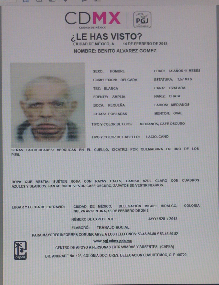 Se activa #AlertaPlateada para localizar a Don Benito. ¿Lo has visto? Por favor abre la foto y dona un RT. Gracias. #MiguelHidalgo #CiudaddeMéxico