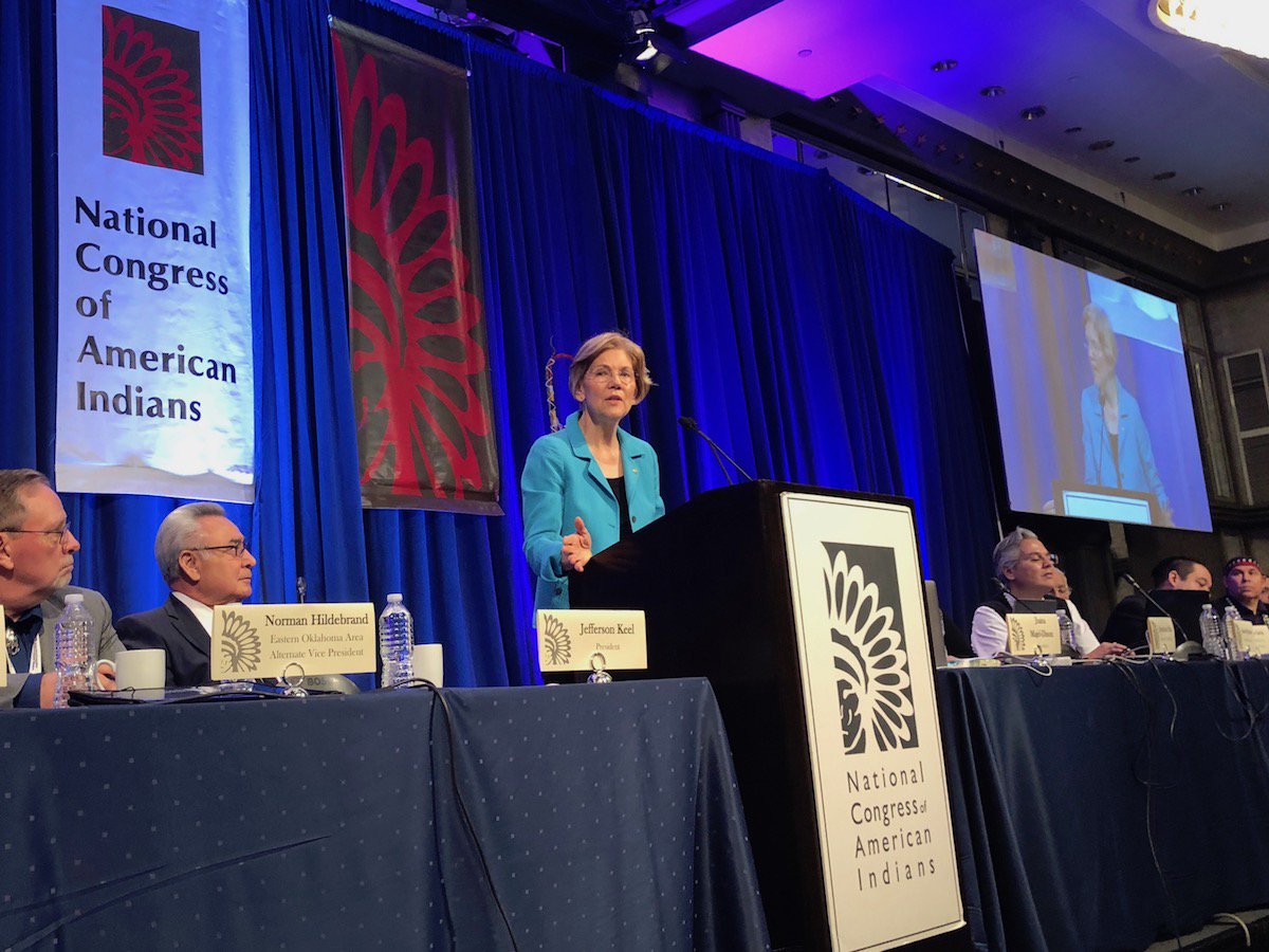 indianz's tweet photo. “Let’s talk about Pocahontas” — Tribal leaders cheer surprise speaker as meeting in D.C. winds down #ECWS2018 https://t.co/GKlL3FW7nr https://t.co/dr7Ugi6wFg
