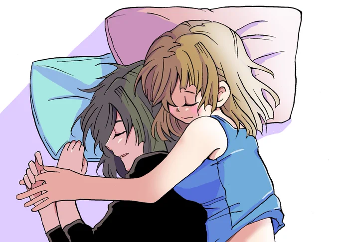 夜通し海外ドラマ見てた末に変なもん描いてた。色々言いたいことはあるけど、結論寝方はタチが抱き締められてるのが好きっていう。百合絵です。 