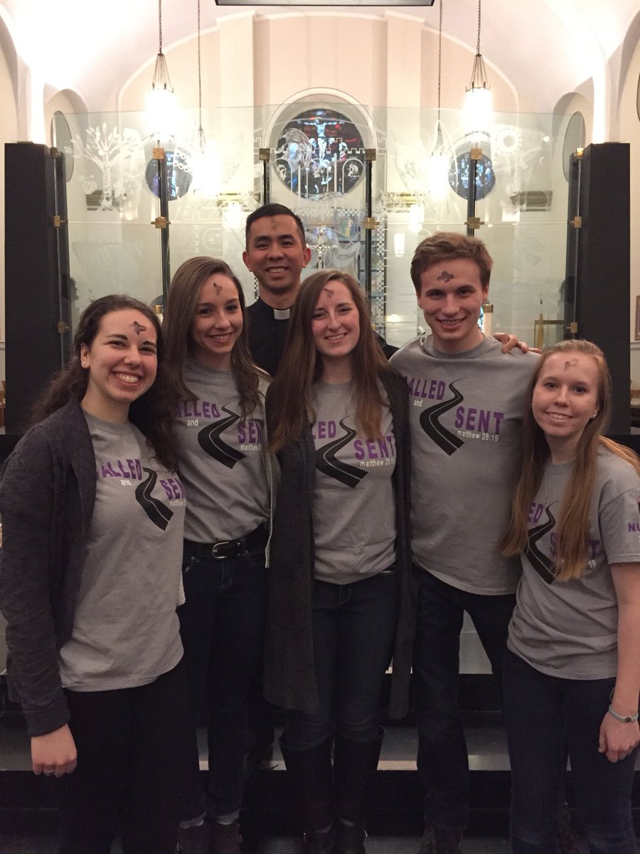 NUMinistry's tweet photo. Last one for Ash Wednesday 2018. Anna: praying the Rosary 3x/week Alyssa: reading more & praying before meals Amber: reflecting each day Michael: giving up junk food & no swearing Emily: praying more especially before meals Fr. John: praying for ALL of us #calledandsent #ashtag https://t.co/F1jfz1Yu6z