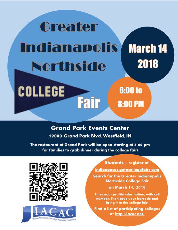 zchscounseling's tweet photo. Which college is 4 U? Don't miss the Greater Indianapolis Northside College Fair on March 14th from 6-8 pm @ Grand Park Events Center in Westfield! https://t.co/ylYoMK3ljl