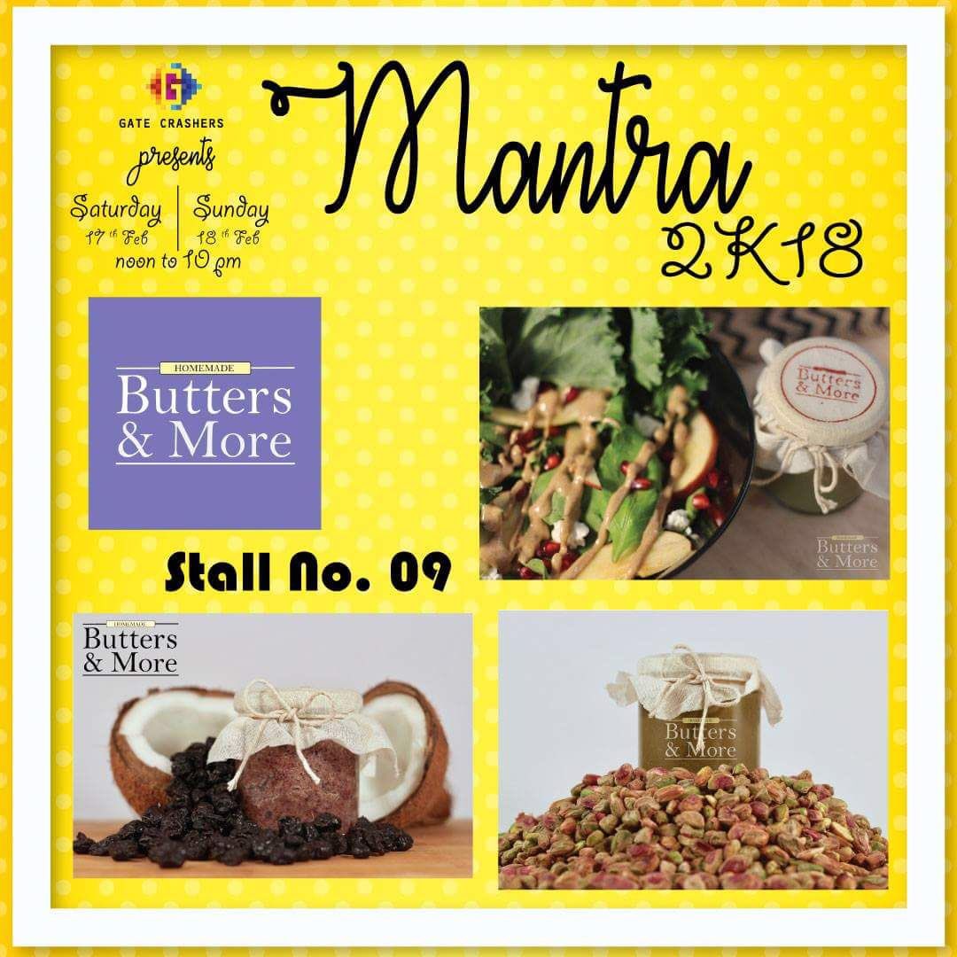 gatecrashers101's tweet photo. They use no preservatives, emulsifiers, artificial flavours or refined sugar in their products!
Their butters are custom made to suit your palette and dietary preference.Only at stall no. 9 
Only at Mantra 2K18
17th &amp; 18th Feb
noon to 10 pm
The Turf, Mahalaxmi Racecourse https://t.co/G8Vr7oQxD2