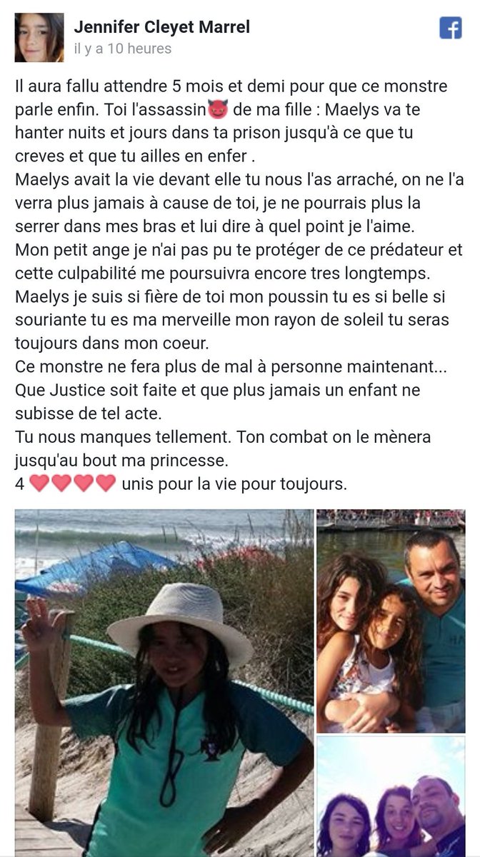 Brevesdepresse's tweet photo. ⚡🇫🇷CITATION -"Toi l'assassin de ma fille: Maëlys va te hanter nuits &amp; jours dans ta prison jusqu'à ce que tu crèves et que tu ailles en enfer (.) à cause de toi, je ne pourrais plus la serrer dans mes bras et lui dire à quel point je l'aime. " Jennifer, la mère de #Maëlys (FB) https://t.co/zN1xiJt1UK