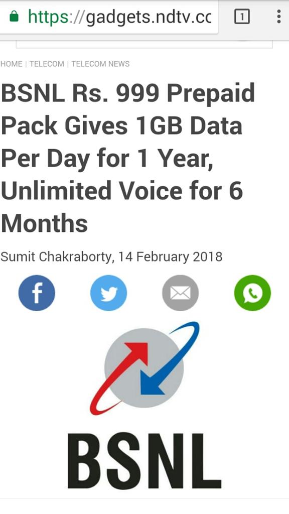 sonar_w's tweet photo. BSNLs new prepaid pack for 6 months voice Validity &amp; 1Gb data /day for 1 year just in Rs 999 /- https://t.co/OOecoWXeQN