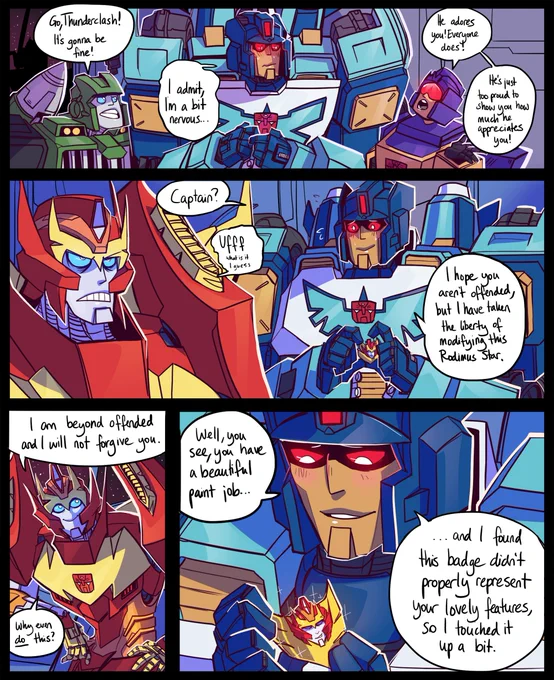 It can also make questionable decisions and repaint your room with infernal imagery! 

Commission for @megapurrv who had asked for a comic about Thunderclash crushin' on Rodimus so I did this silly thing! Thank you for commissioning me, I really hope you like it!! 