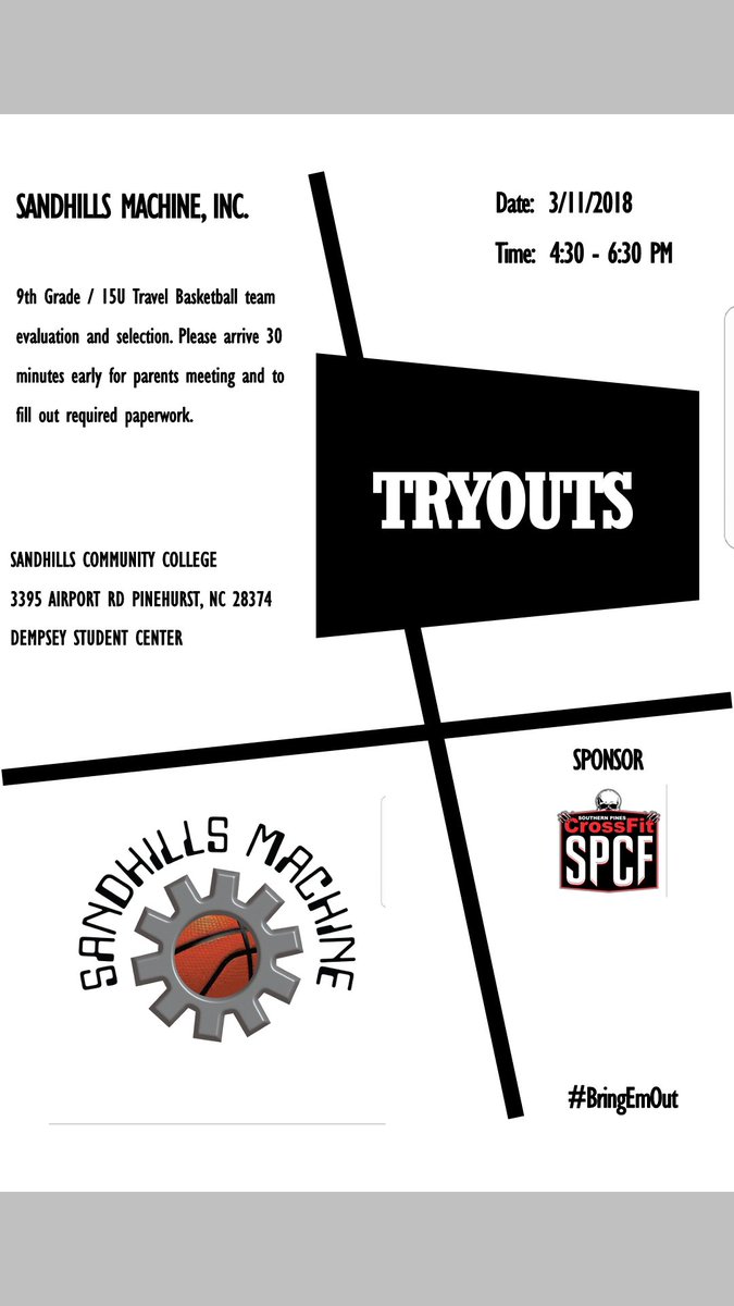 SHMbBall's tweet photo. TRYOUTS: 9th Grade/15U
Mar 11, 4:30 to 6:30pm
Sandhills Community College
(Dempsey Student Center)
3395 Airport Road
Pinehurst, NC 28374
#BringEmOut its gonna be a wonderful 2018 season. #PlayToDefeatALS #Basketball #InspirEaGeneration #TheMACHINE #DoWORK https://t.co/rCrBkrmOae