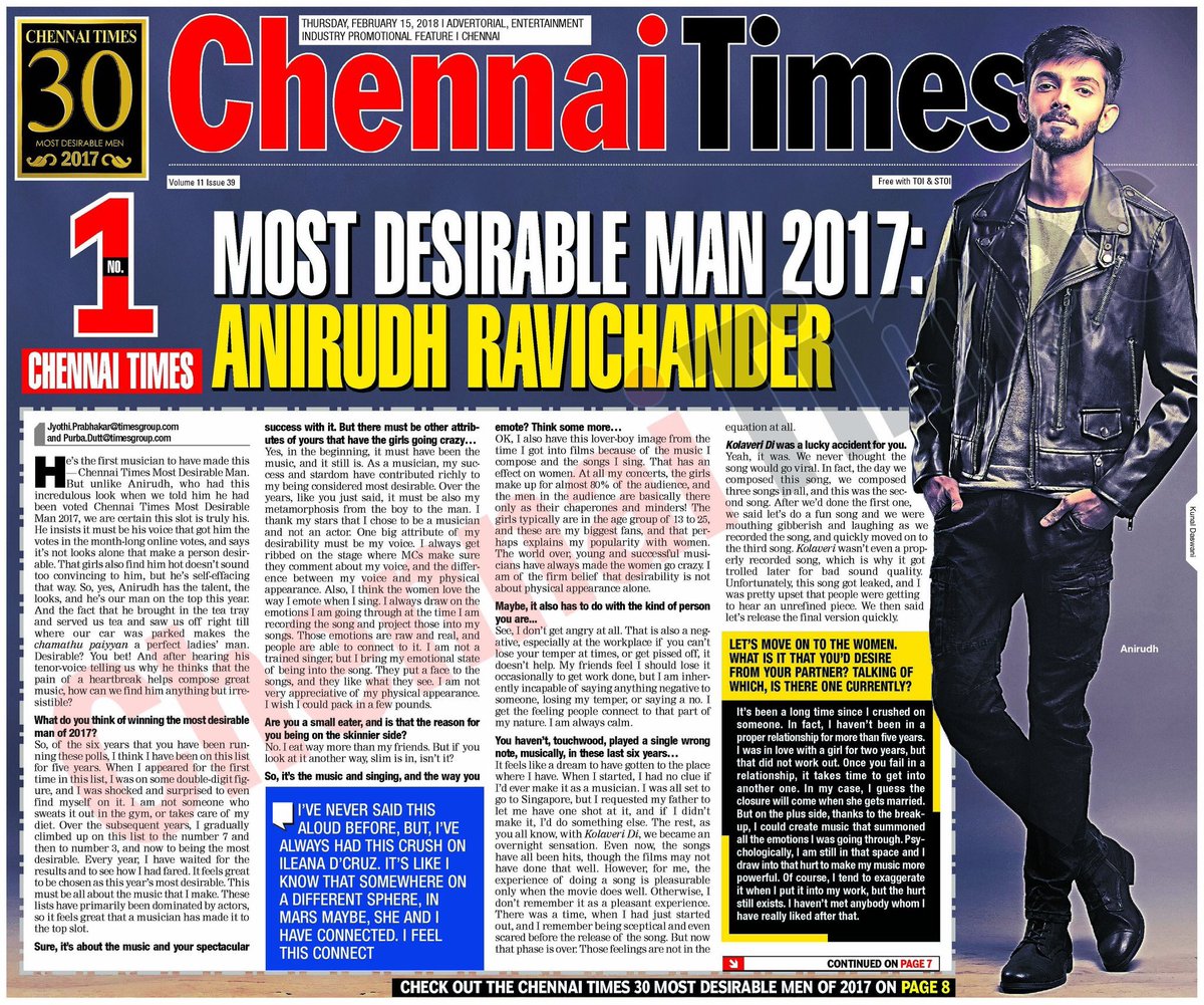 anirudhofficial's tweet photo. #ChennaiTimesMostDesirable Man 2017🙏🏻Thank you to my fans for making me the first musician and non-actor to top the list 🤘🏻@ChennaiTimesTOI https://t.co/HtuHLJOxdg