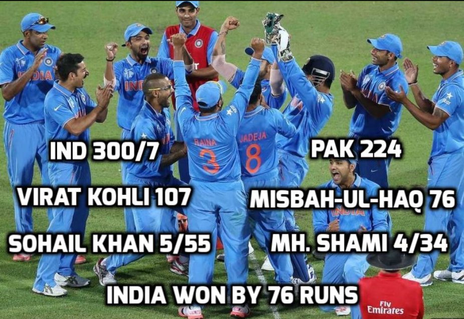 Guptastats92's tweet photo. आज ही के दिन भारतीय टीम ने 2015 के एकदिवसीय विश्व कप में पाकिस्तान को 7⃣6⃣ रनों से हराया था.
#INDvPAK #2015CWC @cricketworldcup #SAvIND https://t.co/YSC2Oaxb7Z