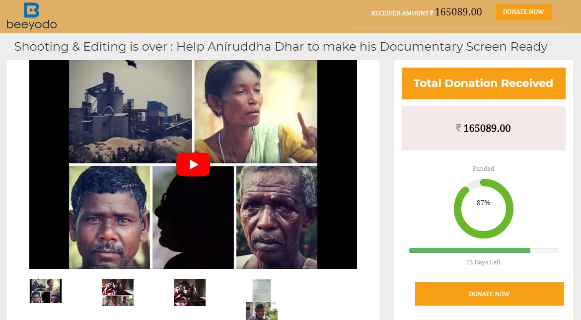 beeyodo's tweet photo. All this campaign needs is 13 percent more funds to be raised.

Can you please support Aniruddha Dhar to make his film screen-ready?

To Contribute whatever you can,please click on this link https://t.co/50sZDLsIyr https://t.co/ZsWH6SNmcv
