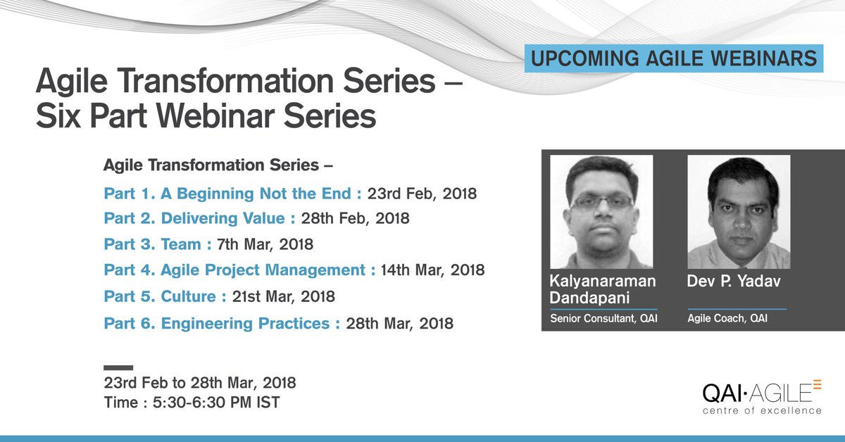 Join us for Agile Transformation: A Six Part Webinar Series - A beginning not the end! This webinar series will focus on sharing success stores and pitfalls to avoid depending on your Agile maturity. 
Register at 
attendee.gotowebinar.com/register/69597…