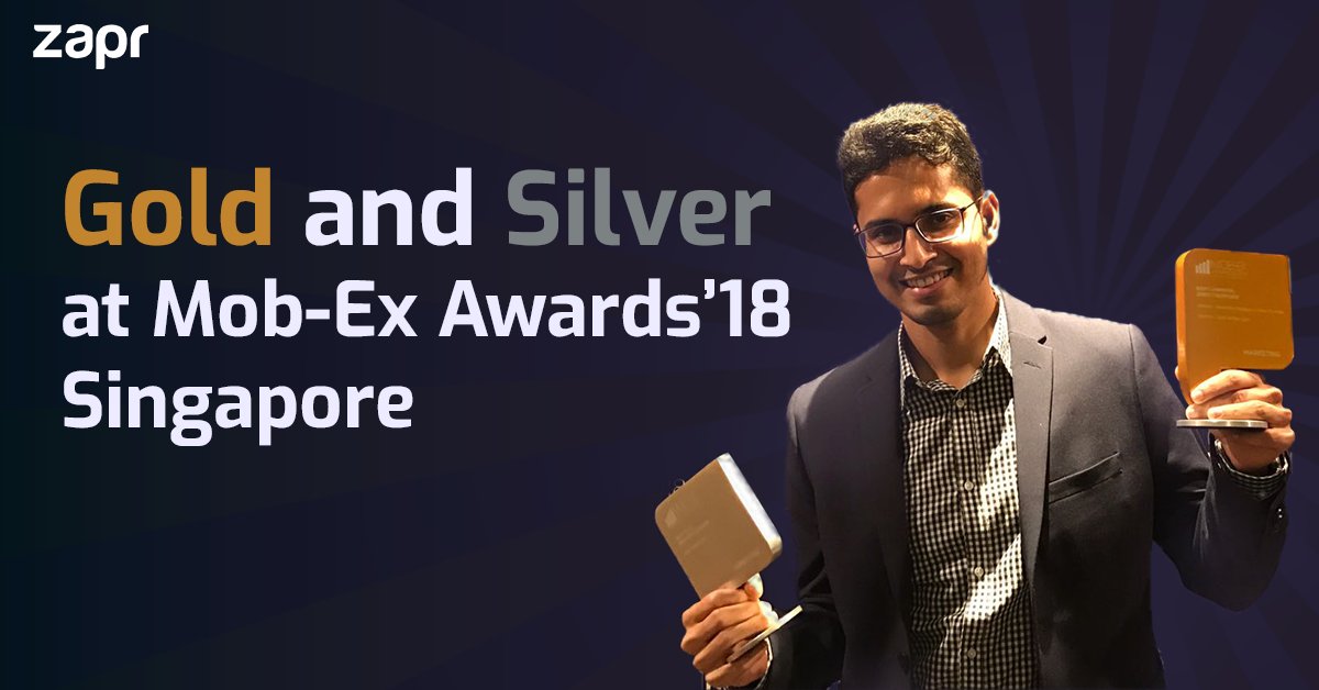 zaprindia's tweet photo. Zapr wins at Mob-Ex 2018! Gold for direct response campaign with @clubmahindra and Silver for best solution provider. #MobexSG2018 #TVToMobile #India https://t.co/Riabl8FEdF