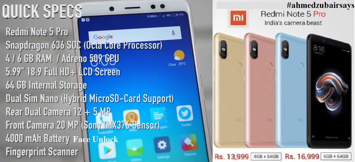 ahmedzubairsays's tweet photo. #ahmedzubairsays #tech2018 #tech #news #xiaomi #mi #launch #RedmiNote5Pro #RedmiNote5 in #INDIA with #miui9 #Snapdragon636 #octacore #display18:9 #dualcam #sonyIMX376 #faceunlock #selfiecam

#RedmiNotePro #redminote5 #giveme5 #new #gadget

#latest tech in #budget

#specs=image https://t.co/UgWbXDspWc