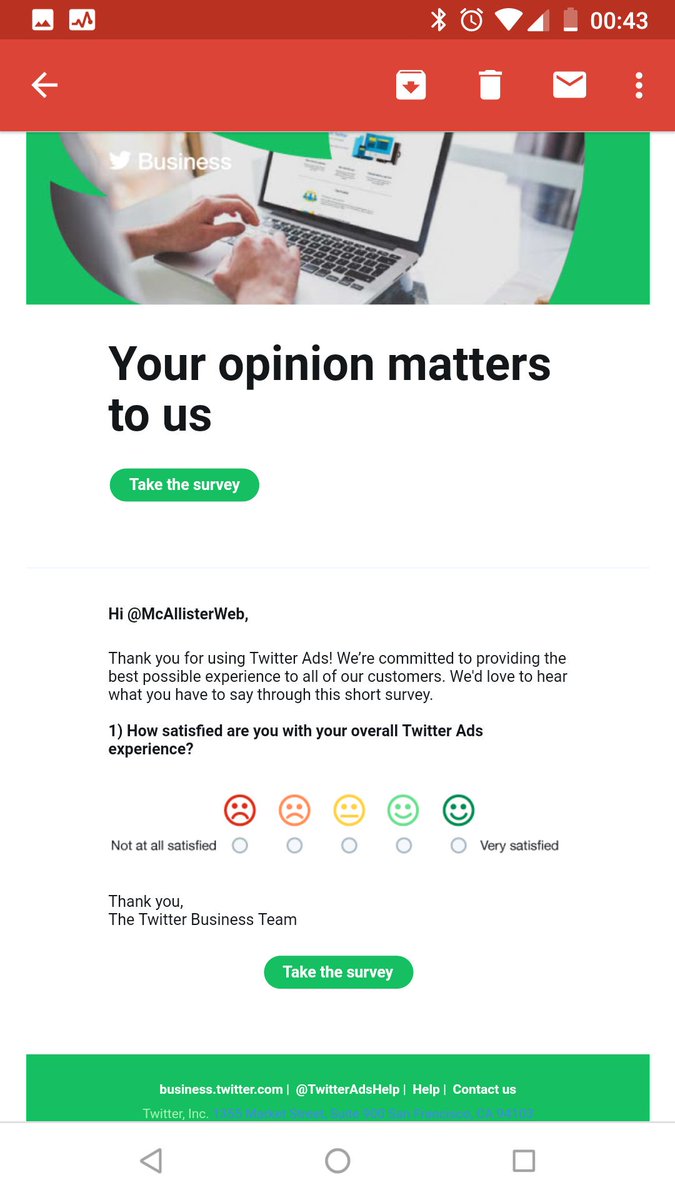 McAllisterWeb's tweet photo. Hey @TwitterBusiness, I got your email today to complete a survey, but it looks like you have an expired certificate (Feb 9th) on the site hosting the survey. Please let me know once it's replaced and I'll complete it. https://t.co/BD7GWRgPNE
