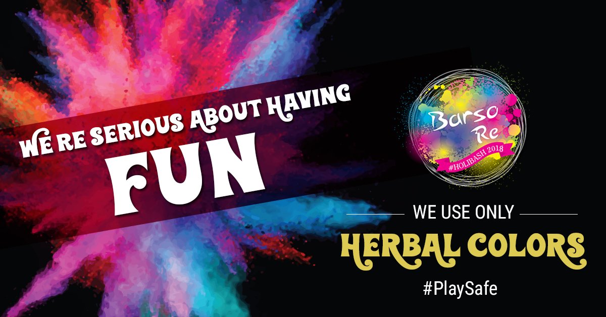 BarsoReHoliBash's tweet photo. Harmful chemical colors are the perils of Holi. At Barso Re Holi Event, we want you to have a fun time without bringing any damage to your skin &amp; hair. Now #Playsafe with Herbal colors without any worries.
Tickets at - https://t.co/dxUuDSEP2F
#BarsoRe2018 #HoliBash #Holi2018 https://t.co/39EEsvyt4A