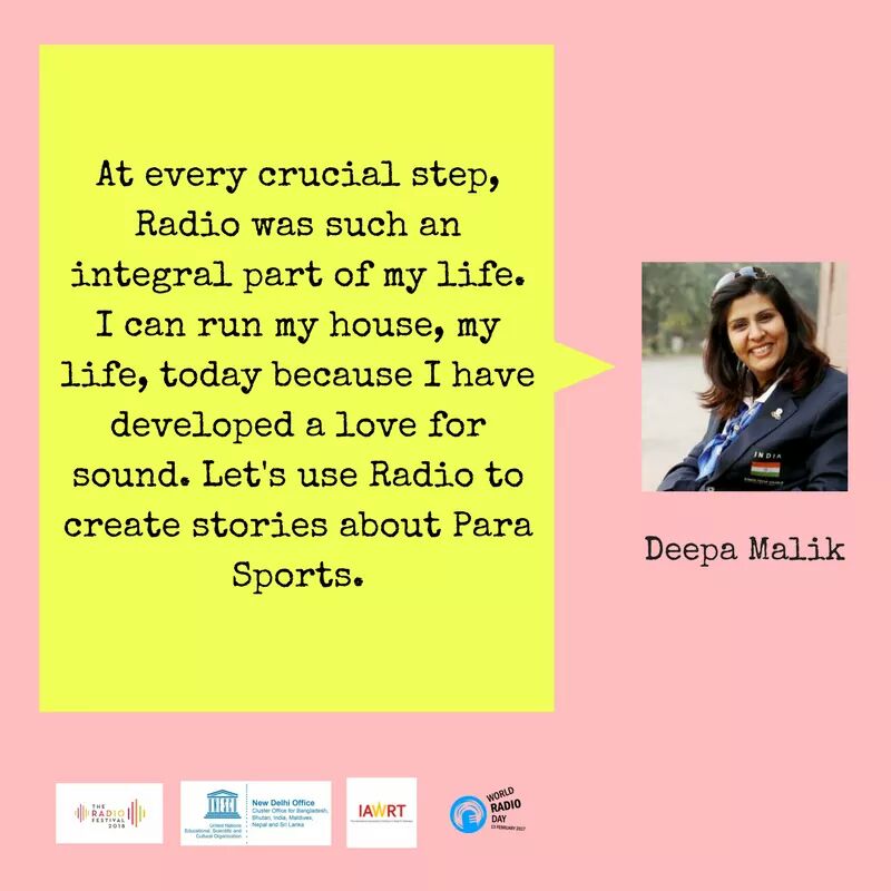 The ever inspirational Deepa Malik lit up the hall with her emotionally-tinged, motivational speech about #radio's role in her life. 

#theradiofest #UNESCO #Delhi @UNESCO_NDL #worldradioday <a href="/worldradioday/">UNESCO World Radio Day</a> #sports #radio