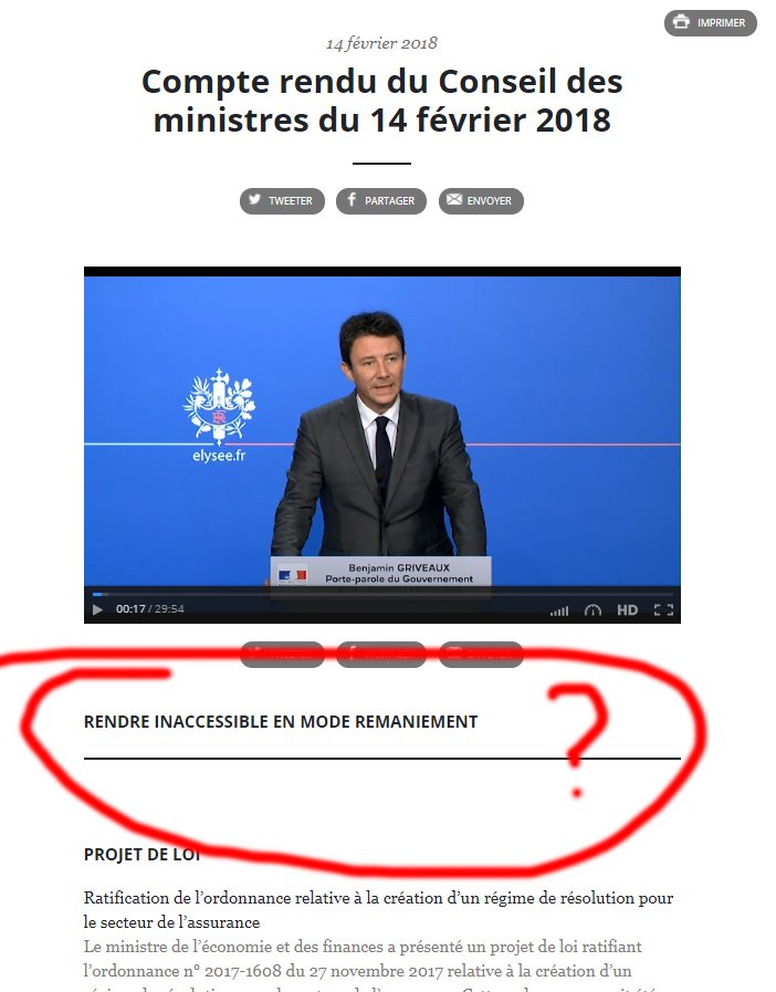 Étrange bug sur la page de compte-rendu du Conseil des ministres... "Rendre inaccessible en mode remaniement", écrit en capitales au-dessus du compte-rendu. Les paris sont ouverts.
