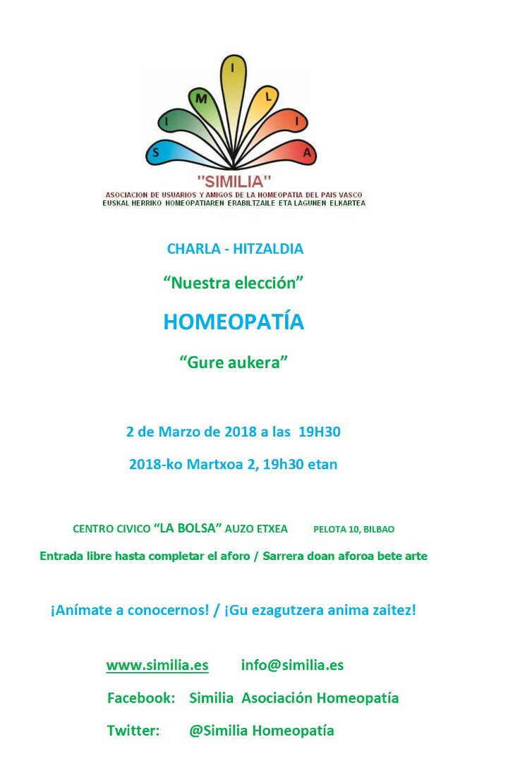 SimiliaH's tweet photo. Charla: "Homeopatía. Nuestra elección".
Hitzaldia: Homeopatia. "Gure aukera". https://t.co/bvqlaF7Z6M