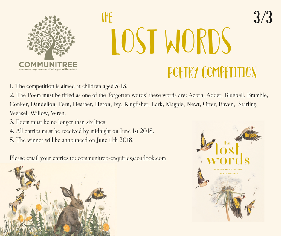Words such as Ivy, Otter &amp; Conker have been removed from the Jnr Dictionary. We are supporting @RobGMacfarlane &amp; @JackieMorrisArt's campaign to reinstate these words into the hearts &amp; minds of children aged 5-13 by running a poetry comp. Pls share with as many people as you can!