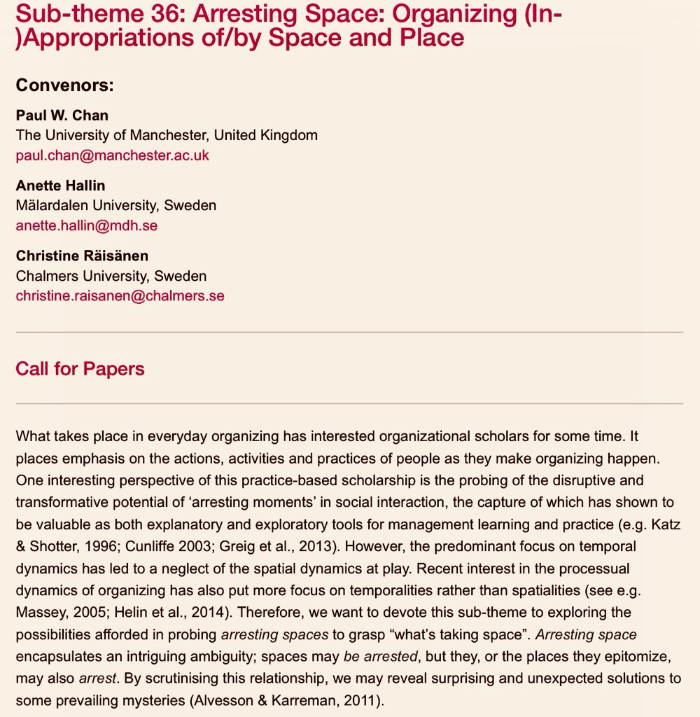PaulWChan's tweet photo. Acceptance of @egosnet #EGOS2018 Sub-Theme 36 papers now sent. Interesting array of studies and thought pieces that attempt to ‘arrest space’ & spatial practices in-flight, in transition and in transformation. Looking forward to the full papers in #Estonia https://t.co/NiSEbHNdJy https://t.co/aWyO02DRfW