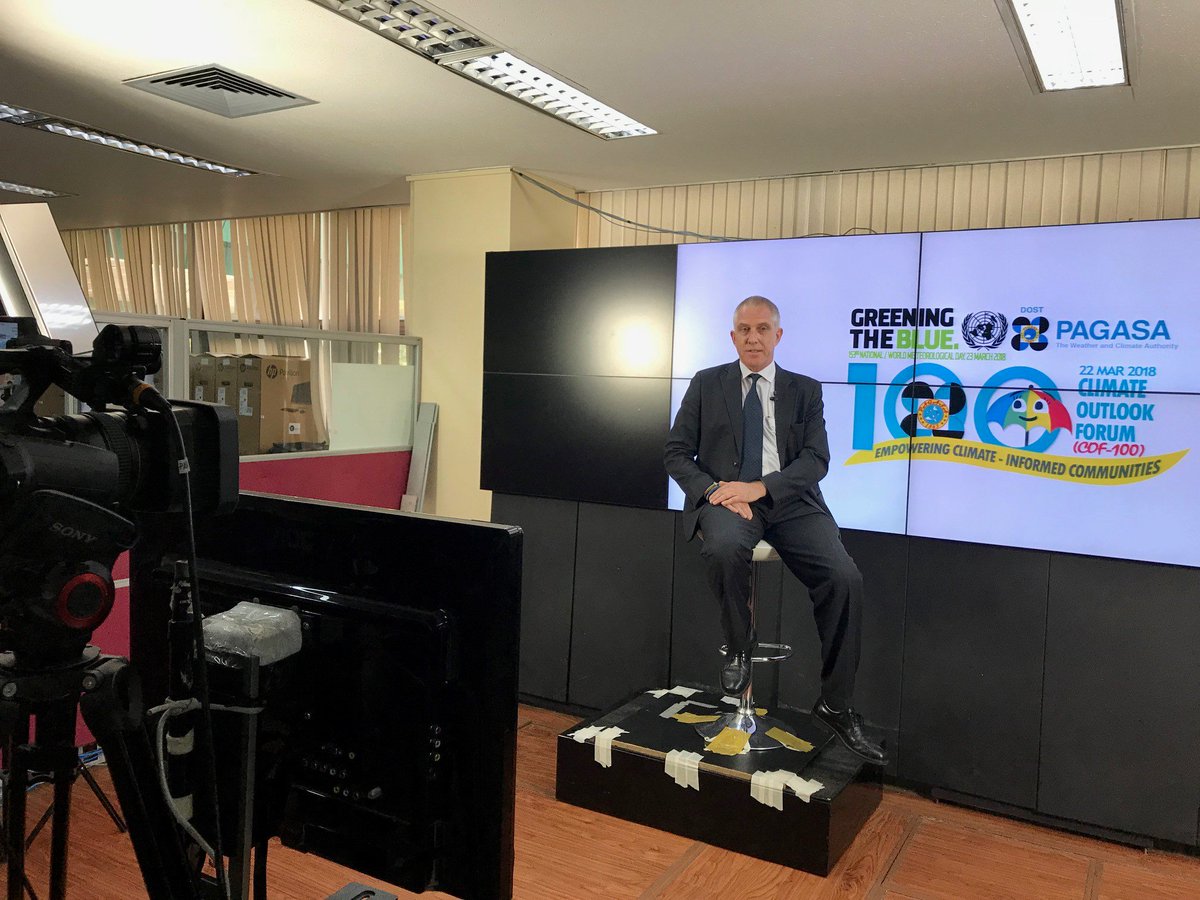 WFP_Philippines's tweet photo. Lights, Camera, Action! 🎥 Earlier today, WFP Philippines Representative and Country Director, @WFPSteveGluning, joined the taping of a commemorative video to be shown at the 100th @dost_pagasa Climate Outlook Forum next month. https://t.co/OvSU6jkMwf