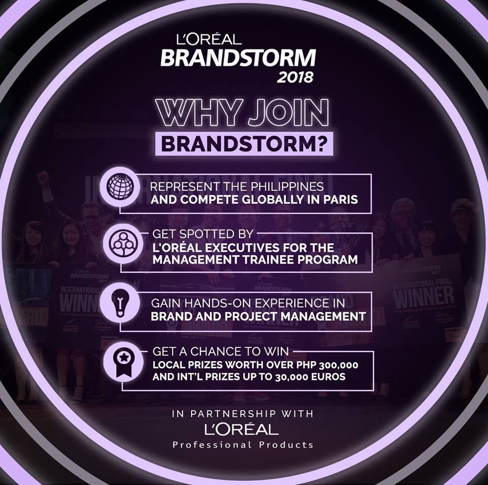 TheOfficialEES's tweet photo. Represent the Philippines in the Worldwide Finals in Paris! Join L'Oréal Brandstorm now: https://t.co/jX8o3mGQn5

#BrandstormPH #InnovatorsOnly
#EESxBrandstorm2018 @LOrealTalentPH https://t.co/g5vJXBgsl0