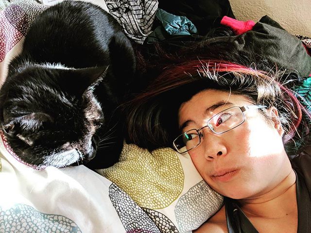 slothberr's tweet photo. A Valentine's Day well spent! #purplishhair #snuggleswiththecat #catdoesntevencare https://t.co/UeJP7foefF https://t.co/kZd4xKRVkF