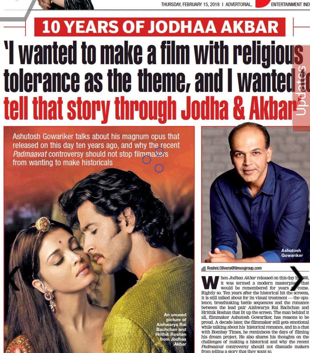 amit_AishGang's tweet photo. From today's TOI, 
10 Years of Jodhaa Akbar 😍

"#AishwaryaRaiBachchan &amp; @iHrithik were always the first choices to play Jodhaa &amp; Akbar" - @AshGowariker https://t.co/YOSI8u035f