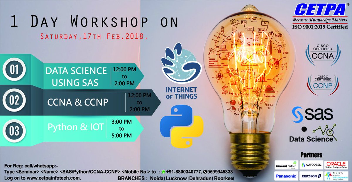 cetpainfo's tweet image. Get yourself registered for One Day Free of Cost Workshop @ CETPA.
Type WORKSHOP & send SMS or Whatsapp on 8800340777
Workshop Date: 17th Feb 2018
For More Detail: 0120-4535353, 91-9212172602
#CCNA_Workshop #DataScienceWorkshop #PythonWorkshop #InternetOfThingsWorkshop