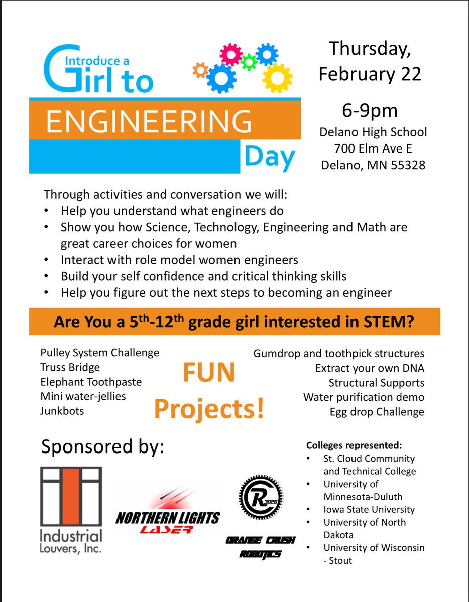Come to this wonderful event hosted by Orange Crush Robotics! Girls from all school districts are invited! Special thanks to our sponsors Industrial Louvers and Northern Lights Laser!