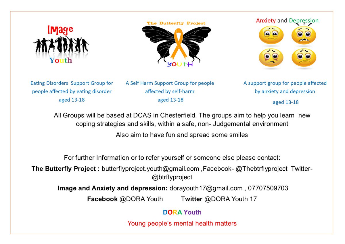 <a href="/DORAYouth17/">DORA Youth</a>  has some exciting news. We are soon starting peer to peer support groups for young people aged between 13- 18 yrs in Chesterfield. We are joined by the wonderful <a href="/btrflyproject/">butterfly project</a> and Image.