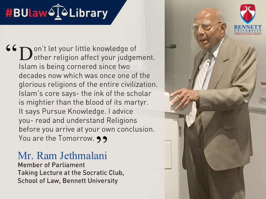 bennettuniv's tweet photo. Mr. @RamJethmalani5 shares a beautiful suggestion to the young, aspiring lawyers of the country at the inauguration of #BULawLibrary - “ Don’t just believe what everyone is asking you to believe. Do your research. That’s the first step to becoming a good #lawyer.” https://t.co/HXxIaTlS7q