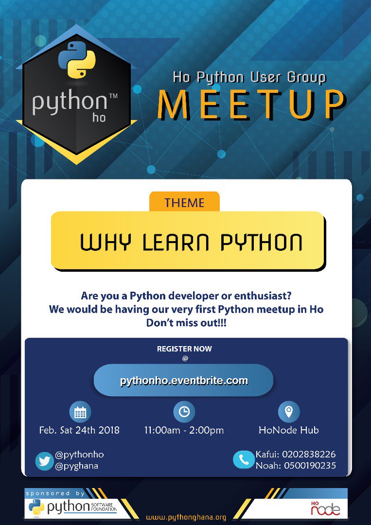 PythonHo's tweet photo. Yaaaaay! And the countdown is on for @PythonHo meet up @Honodehub 
#python #pyghana #learningpython #voltacode https://t.co/bqy6i8TRgI