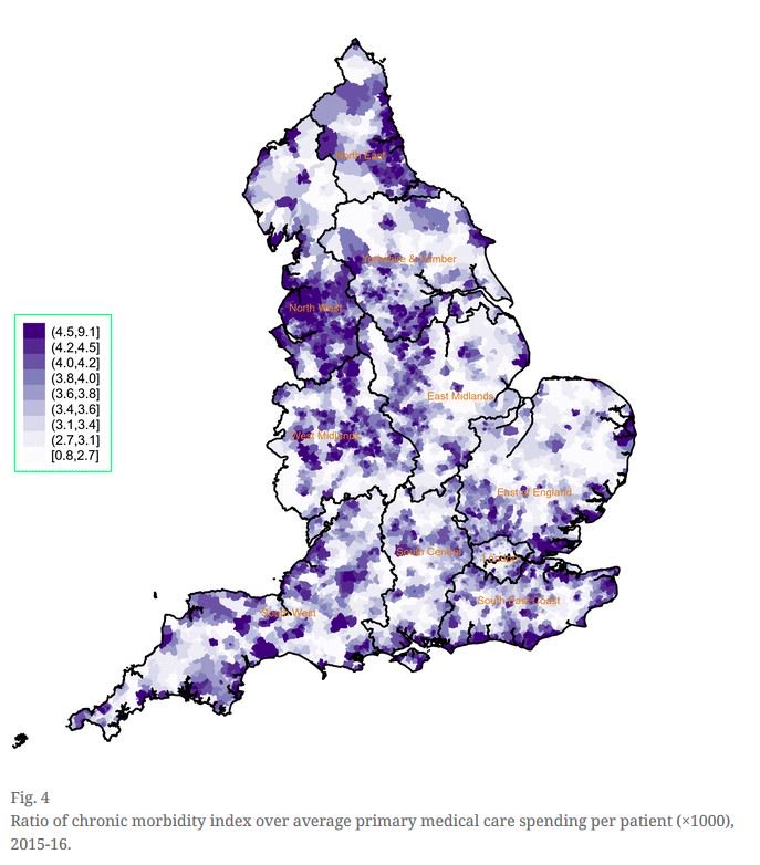 dataevan's tweet photo. New research shows that primary care funding in England is not distributed according to need (as measured by chronic condition morbidity burden) and has an unfair London bias, while the North West &amp; North East are chronically underfunded: https://t.co/PYE1Uar4ls https://t.co/jxsevE1r22