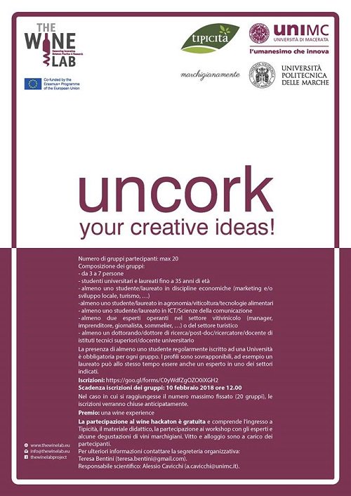 TheWineLabEU's tweet photo. #Uncork your creative ideas! The first #Hackathon of @TheWineLabEU is soon to be launched in #Italy by @UniMC! Join us on 3/4 March 2018 in Fermo during the Tipicità Festival. More info @ https://t.co/d9c62SViBg #winelivinglabs @Alecavicchi @cristinasantini @FeBal_91 https://t.co/Zw3mDI3Lot