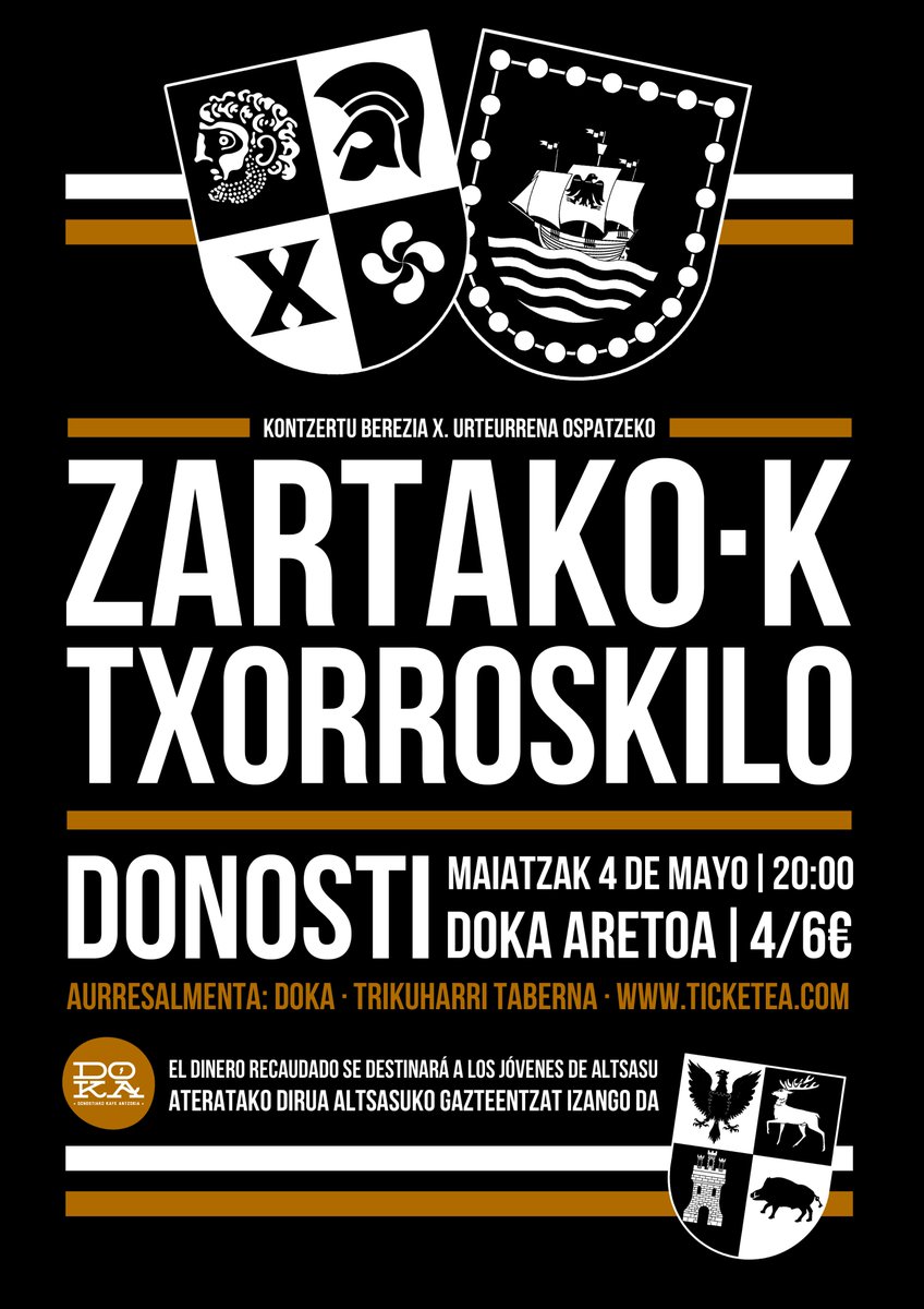 Aupa Rudies! Como veis, el 4 de Mayo vamos a ofrecer un concierto especial en el Kafe Antzokia de Donosti para celebrar nuestro X Aniversario junto a los amigos de Txorroskilo. Todo el dinero recaudado se donará a los jóvenes de Alsasua.