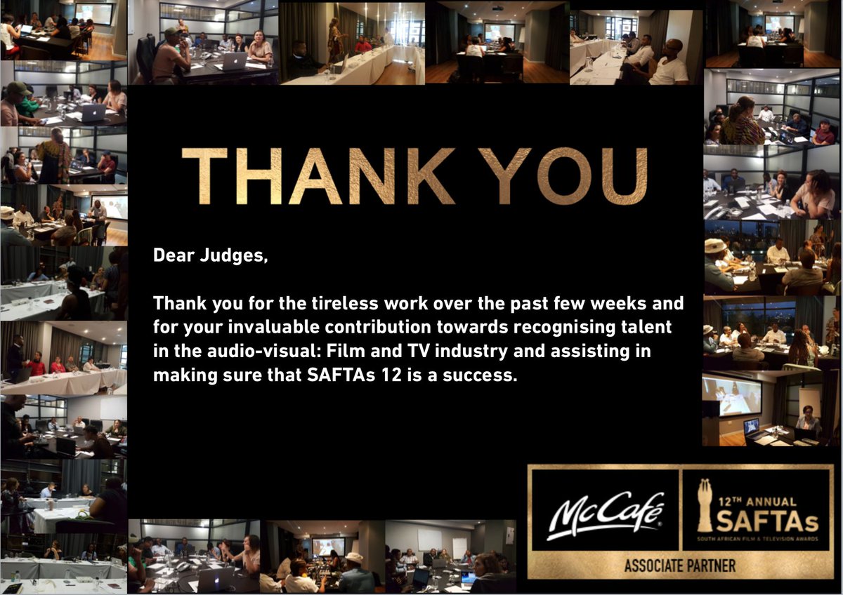 A BIG thank you to all the judges that have made SAFTAs12 a success so far. Your contribution will not go unnoticed. #SAFTAs12