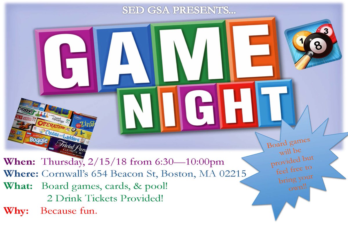 SED Game Night Event, TONIGHT (2/15), at Cornwalls from 6:30-10pm! 2 free drink tickets provided as well as games galore and pool! Hope to see many of you there!