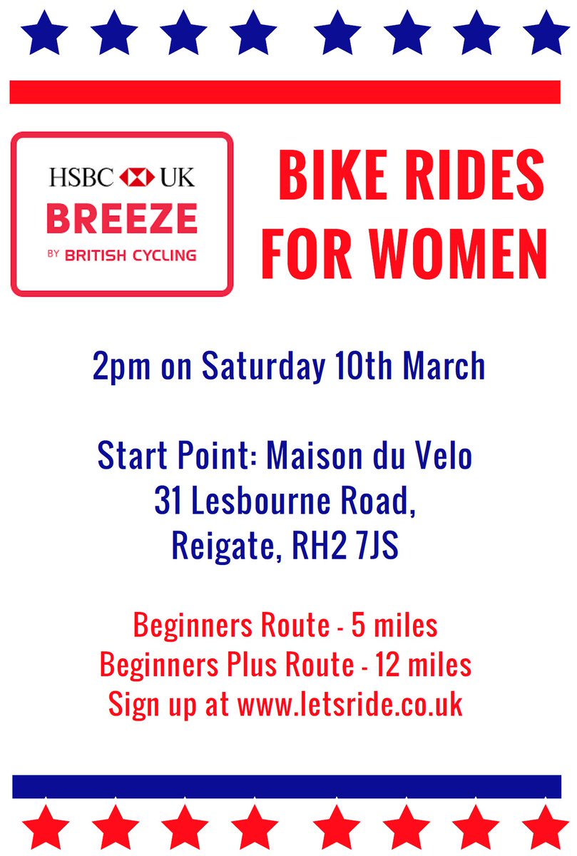 Maisonduvelouk's tweet image. FREE WOMEN'S BEGINNERS RIDES We've teamed up with British Cycling Breeze rides. 2 distances to choose from, 5 miles and 12 miles, any bike suitable Meet at Reigate Shop, Lesbourne Road. bit.ly/2GbZrg7 @HSBCUKBreeze #thisgirlcan #reigate #redhill #horley #womensfitness