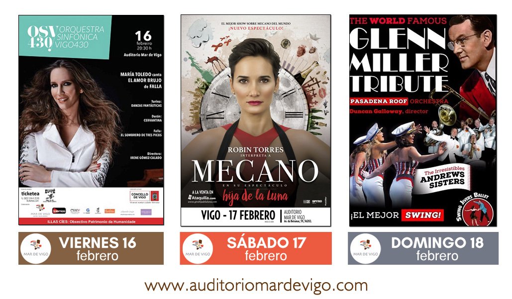 TurismoGalicia1's tweet photo. Planes fin de semana #Auditorio @pcongresosvigo #vigo
🗓 Viernes_Orquestra @Vigo430 con .@MariaToledoMT.
🗓 Sábado_Gira Hija de la Luna, Homenaje a #Mecano con @RobinTorres_ #girahijadelaluna #robintorres
🗓 Domingo_Tribute #GlennMiller
#2018MarDeVigo https://t.co/NrfQUTdxmn