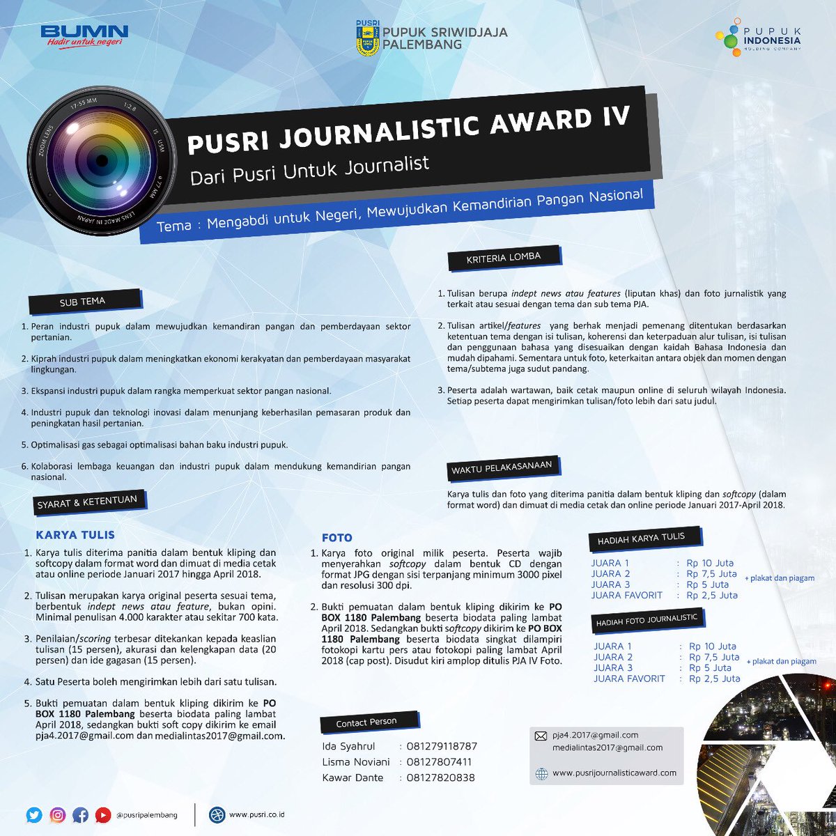 pusripalembang's tweet photo. PT Pupuk Sriwidjaja Palembang kembali memberikan award kepada para wartawan tulis dan wartawan foto melalui Pusri Journalistic Award (PJA) yang ke 4. #pusri #journalistic #award https://t.co/VVdjXbEriI