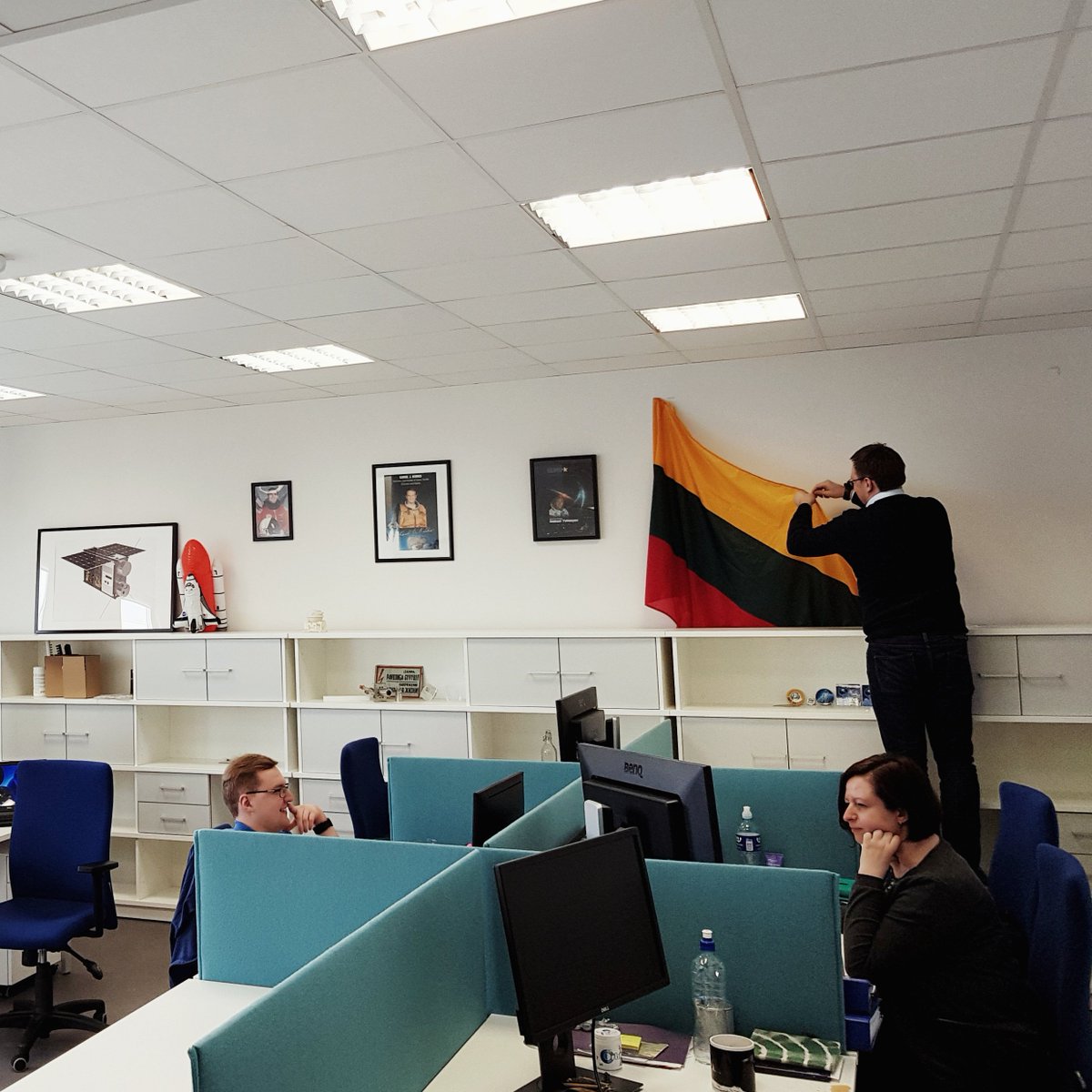 NanoAvionics's tweet photo. Important preparation for #100Lithuania at the office - tomorrow we'll be celebrating 100th anniversary of the restoration of the State #Lithuania #keliamveliava https://t.co/KJmx48bThX