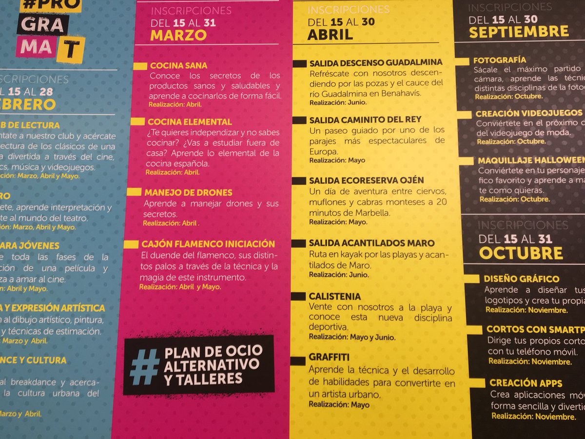 RTVMarbella's tweet photo. .@marbellajoven pone en marcha una nueva edición de su plan de ocio alternativo para jóvenes de entre 14 y 30 años. 21 talleres gratuitos y 420 plazas para actividades de formación, diversión y entretenimiento. Por primera vez, la inscripción podrá ser on line https://t.co/QCk0kKAhTK