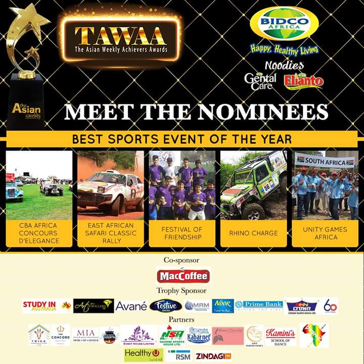 TAWAAwards's tweet photo. Nominees for Best Sports Event of The Year are @CBA_Group_ #ConcourD'elegance #EastAfricanSafariClassicRally #FestivalOfFriendship #FOF @Rhino_Charge and #UnityGamesAfrica @BidcoGroup
@MacCoffeeAfrica @TheAsianWeekly #TAWAA #Awards #Celebrate #Achievement https://t.co/SH1Eisum8W