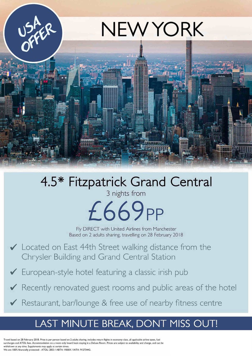 Here's a great late deal for New York. Direct flights from <a href="/manairport/">Manchester Airport</a> on <a href="/united/">United Airlines</a> departing Feb 28th. only £669.00 p.p. for 3 nights. Take a look and call us on 01942.321111 or email sales@kiwi-travel.co.uk to book. #northwesthour