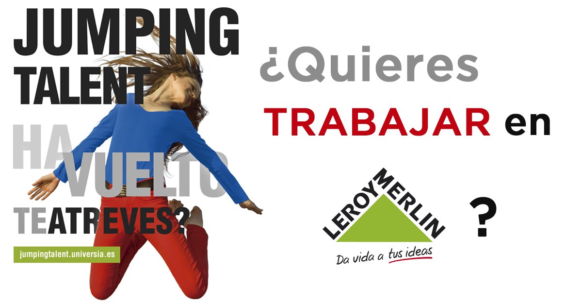 UniversiaES's tweet photo. ¿Buscas un trabajo diferente? ¿Quieres desarrollarte en un entorno innovador? en @leroymerlin_es tenemos algo que te interesa y estaremos buscándote en #JumpingTalent2018!! https://t.co/szYlKDfDhK https://t.co/KeAVAhGOaj