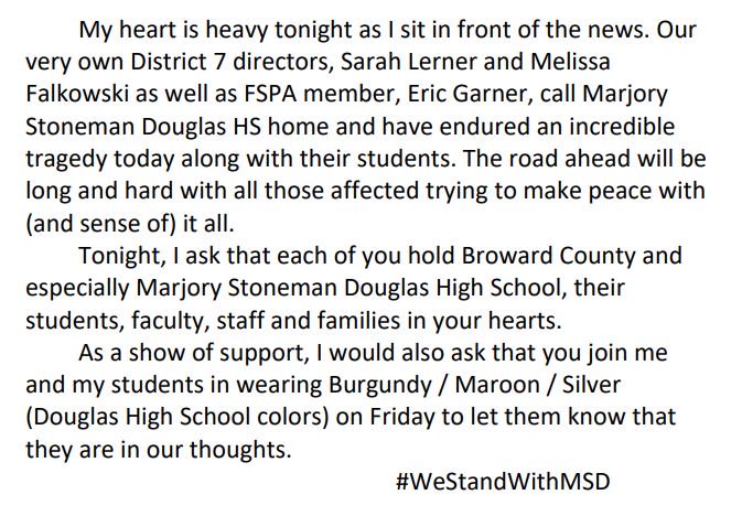 FSPA's tweet image. An e-mail from our president, @SarahTricano, last night expressed support for Marjory Stoneman Douglas, and asked for member schools to consider wearing burgundy, maroon and silver tomorrow. #WeStandWithMSD