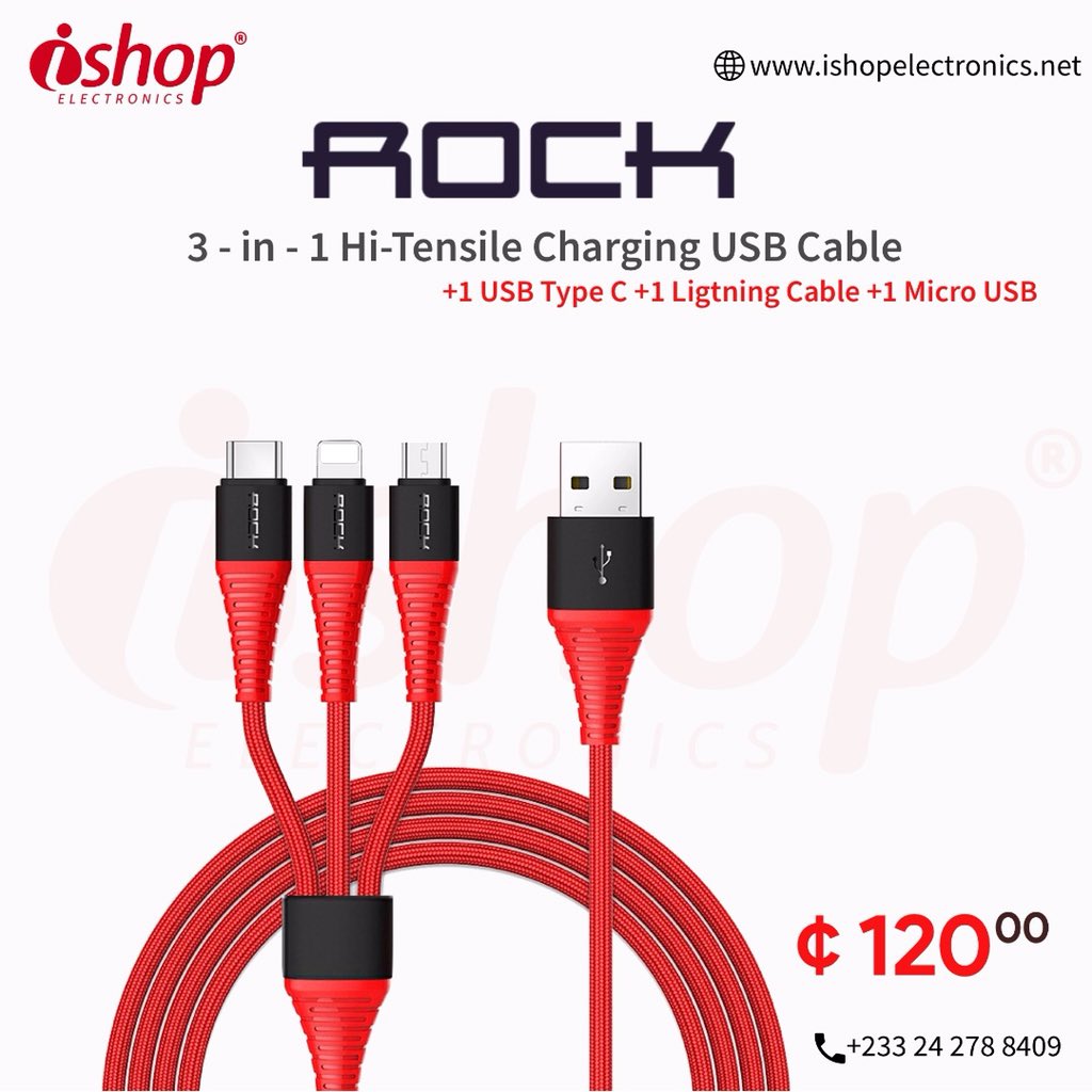 Ishopelectronix's tweet photo. ROCK 3 IN 1 Hi-TENSILE CHARGING CABLE @GHC120
#iphone8plus #apple #applewatch #lightingcable #cable #ishopelectronics #originalcases #iphonecase https://t.co/AxSnLcFbBE