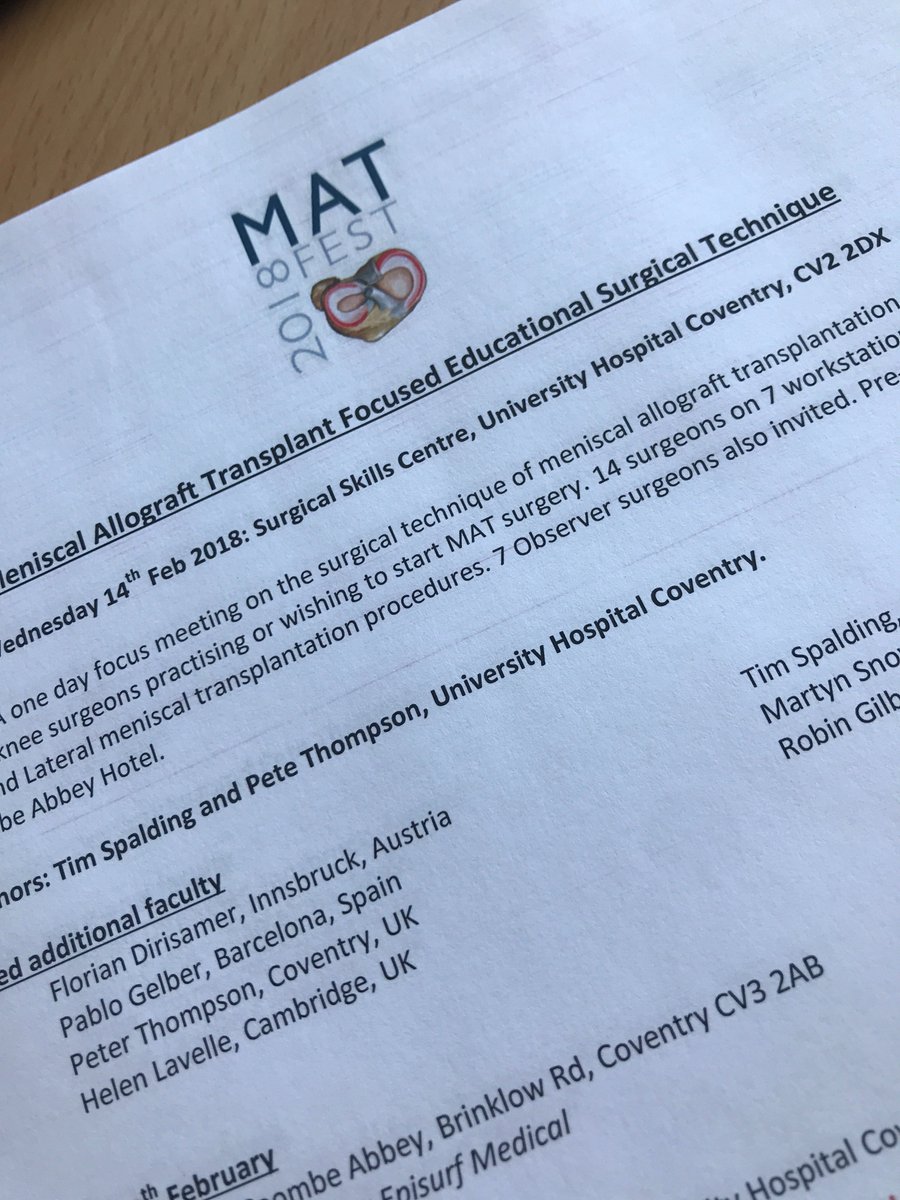 meniscaltrans's tweet photo. Great day at #MATFEST2018 big thanks to @TimSpaldingKnee @pablogelber @CBezenarJRF @SportInjClinic @drrobgilbert and Dr Florian Dirisamer for their fantastic contributions #meniscaltransplant #kneesurgery #kneesurgeons #uhcw https://t.co/dx45a00pxe